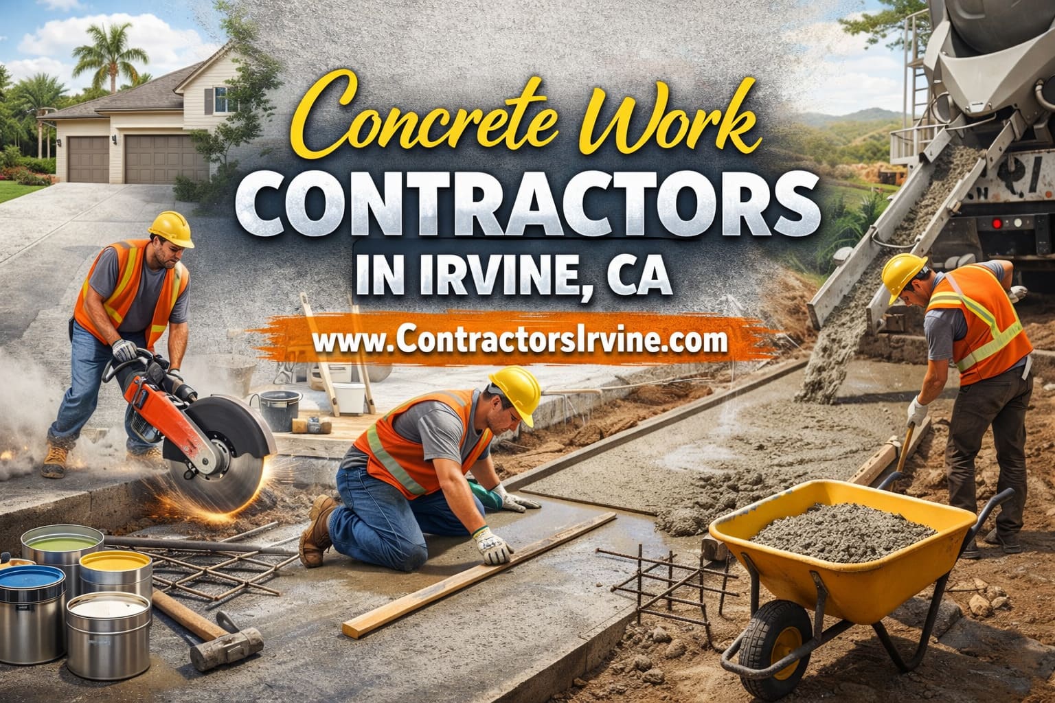 Professional concrete installation showing stamped concrete driveway in Irvine neighborhood